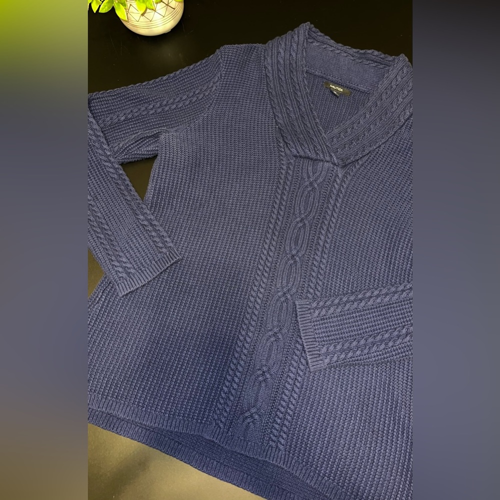 Nautica Navy Blue Cable knit V neck Sweater Size XL GUC